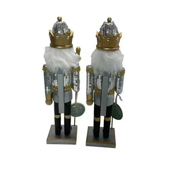 Wood Christmas15" Nutcracker Soldier Silver Sequins Uniform Gold Jewel Crown Set - Picture 3 of 4